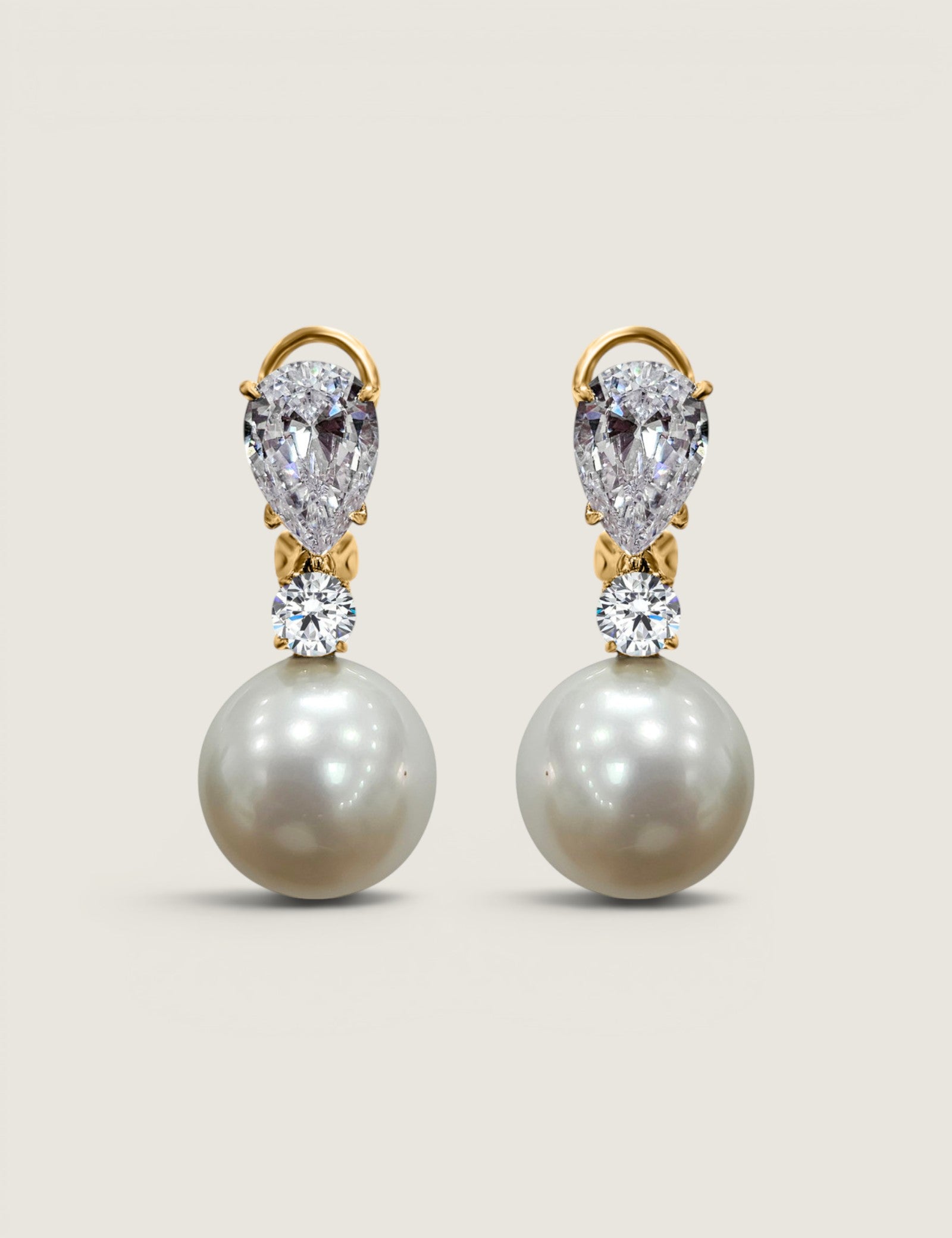 Pearl Drop Earrings with Pear and Round Stone Detail (14mm)