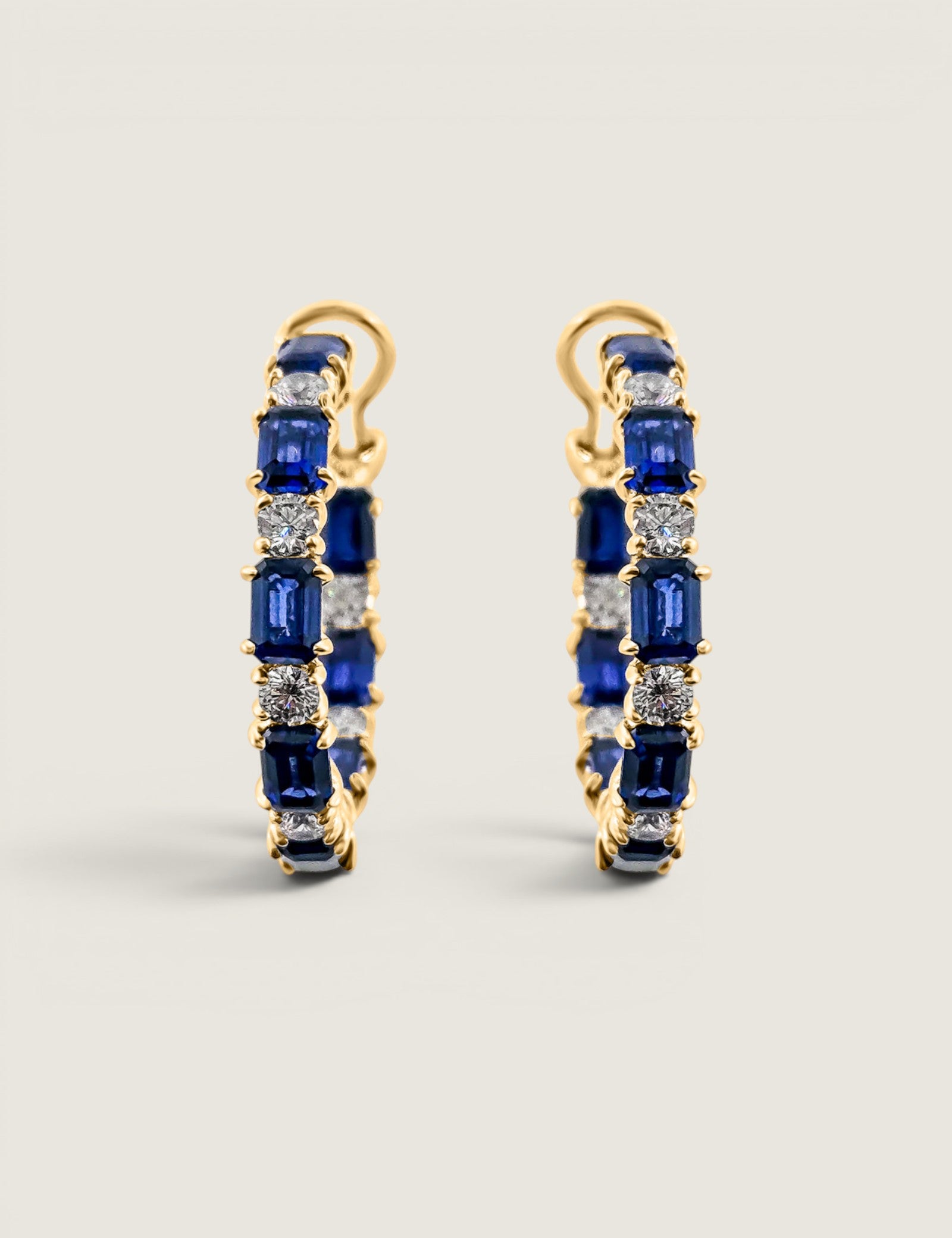 Alternating Sapphire Emerald-Cut and Colorless Round Hoop Earrings (6 TCW)